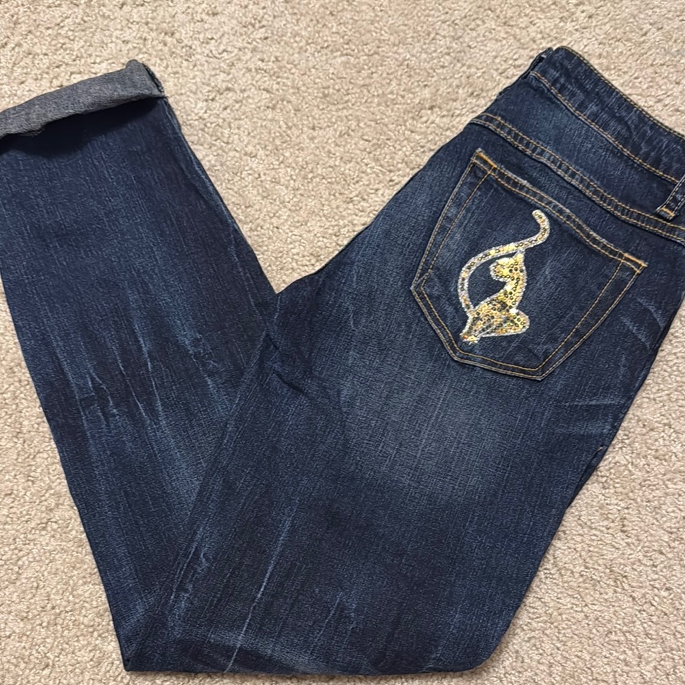 Y2K BabyPhat Authentic Straight Leg Cuffed Jeans Sz 7 Retro 90s trendy logo